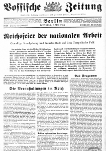 Titelseite Vossische Zeitung vom 2. Mai 1933 (Quelle: Staatsbibliothek zu Berlin - preußischer Kulturbesitz)